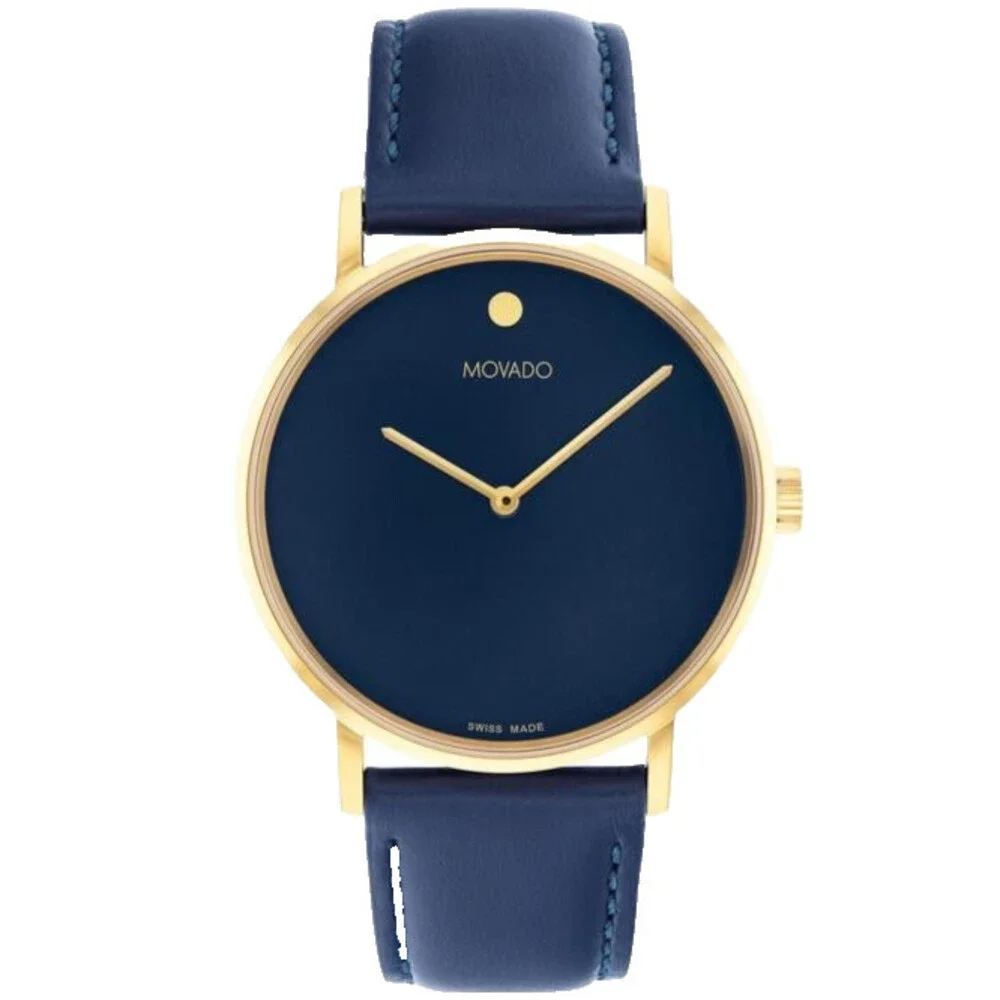 MOVADO SIGNATURE 0608100 DARK PURPLE DIAL & LEATHER STRAP 40MM GOLD MENS WATCH